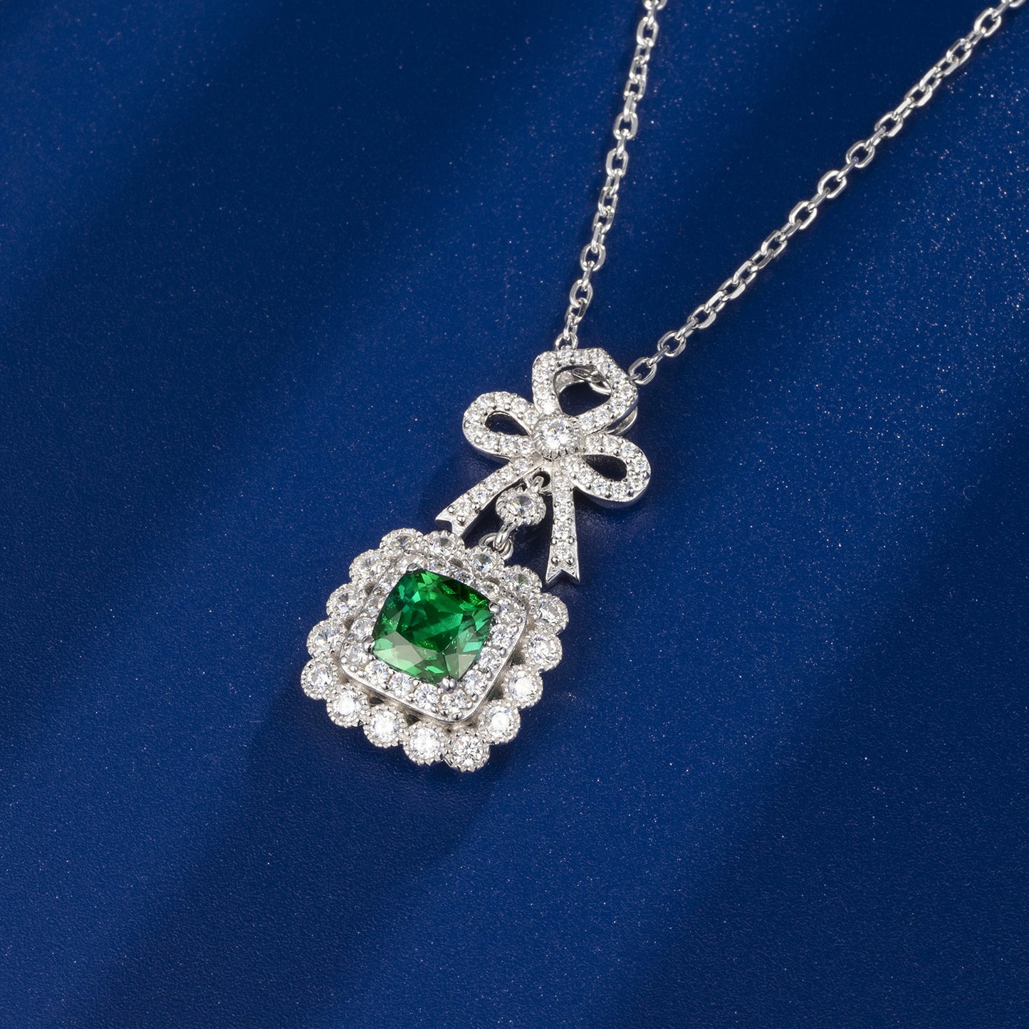 S925 Silver Full Diamond Bow Pendant, Square Halo Lab - Photo 2