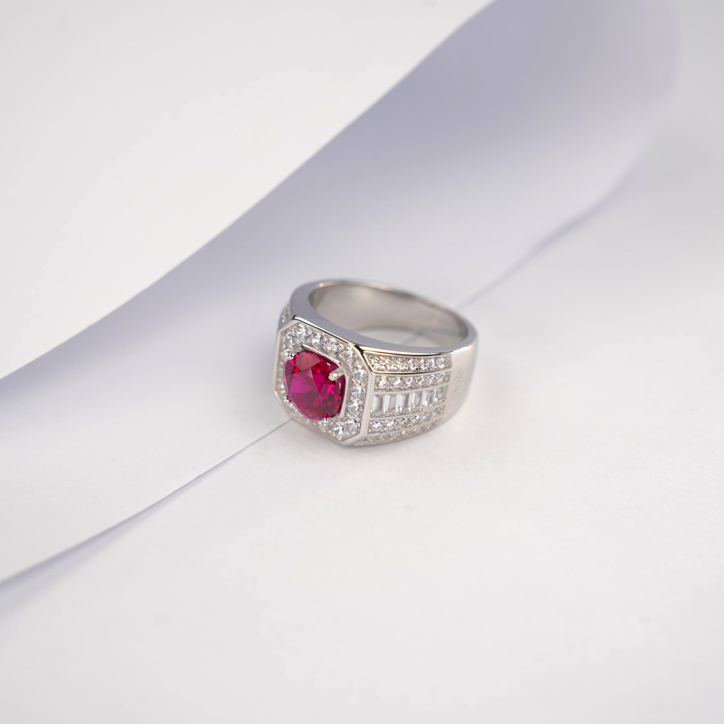 925 Sterling Silver Lab Ruby Men's Ring, Diamond Round Bold - Photo 3