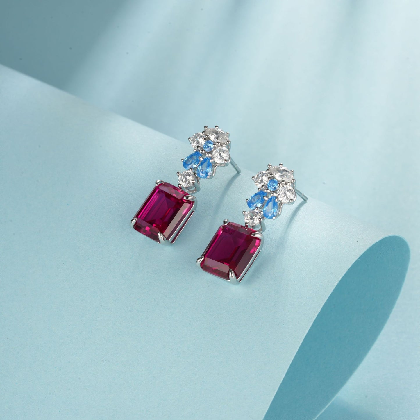S925 Silver Colour-Block Rectangle Corundum Stud Earrings, French Vintage Premium - Photo 2