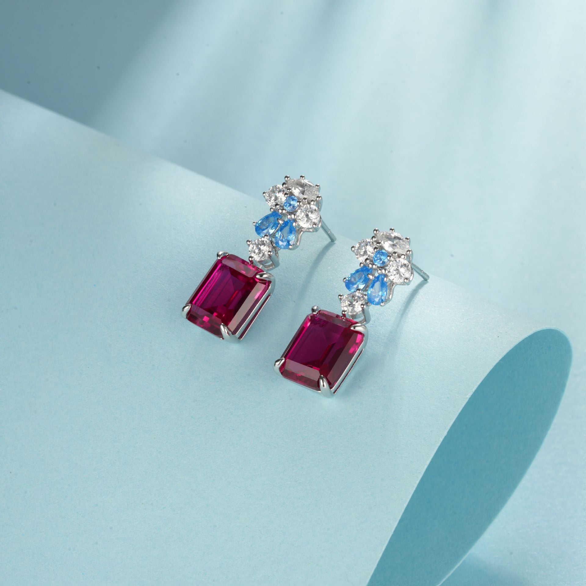 S925 Silver Colour-Block Rectangle Corundum Stud Earrings, French Vintage Premium - Photo 2