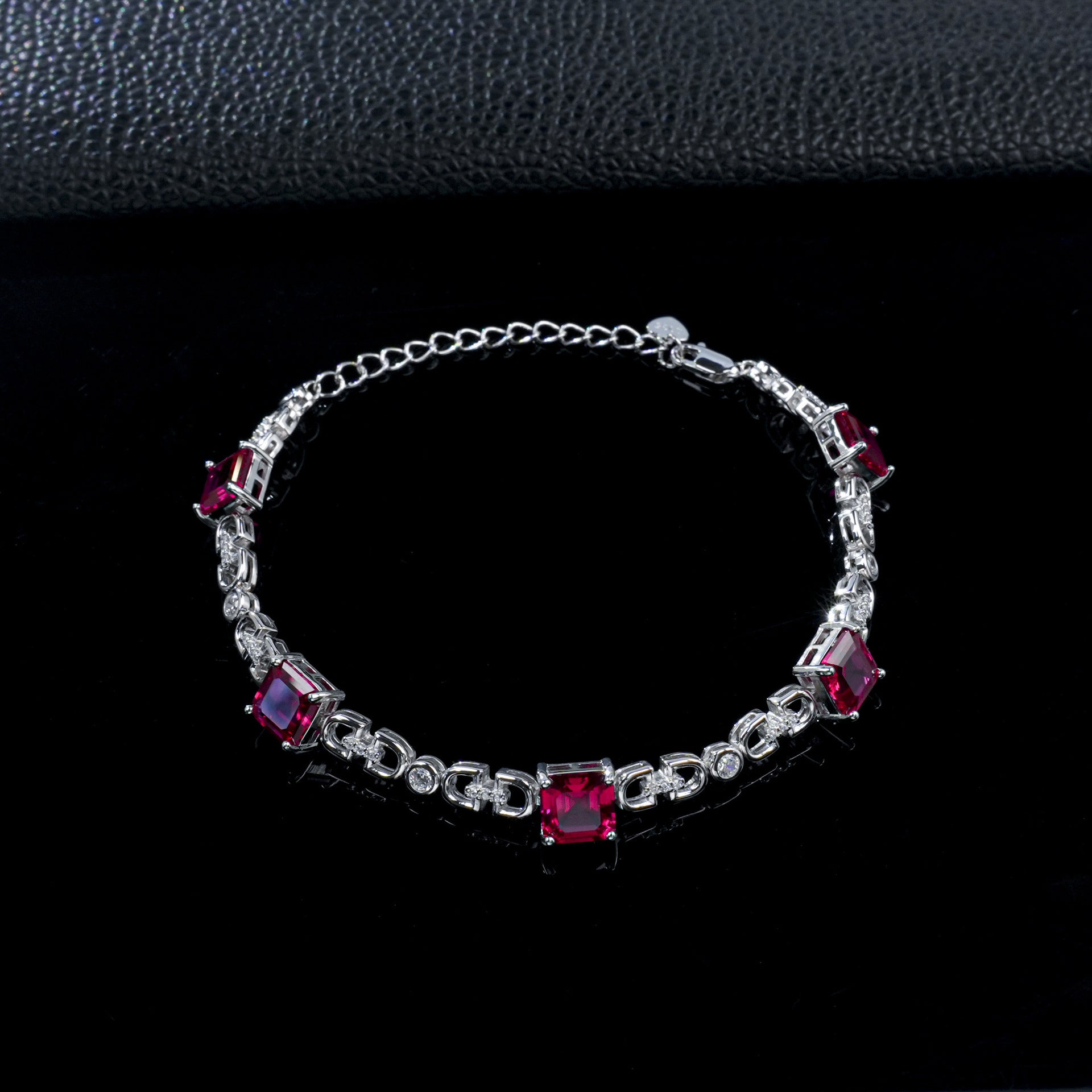 S925 Silver Square Ruby Bracelet, Geometric Hollow Chain - Photo 3