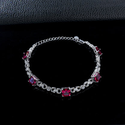 S925 Silver Square Ruby Bracelet, Geometric Hollow Chain - Photo 3