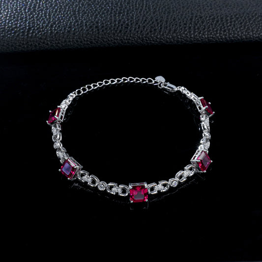 S925 Silver Square Ruby Bracelet, Geometric Hollow Chain - Photo 3