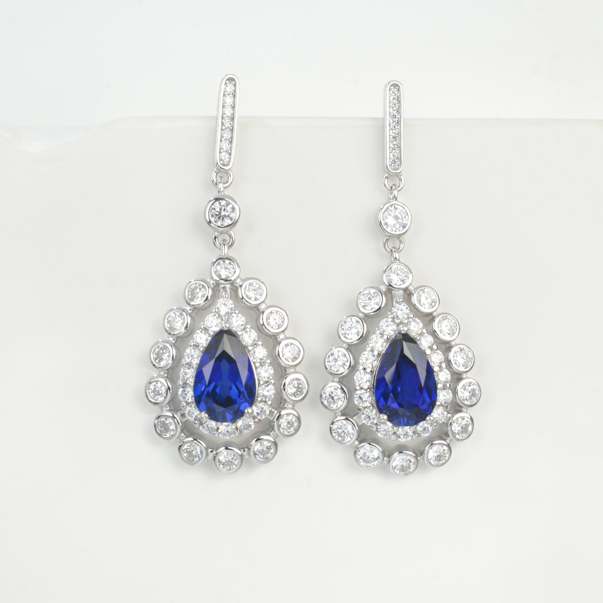 925 Sterling Silver Lab Sapphire Teardrop Pave Long Drop Earrings - Photo 5
