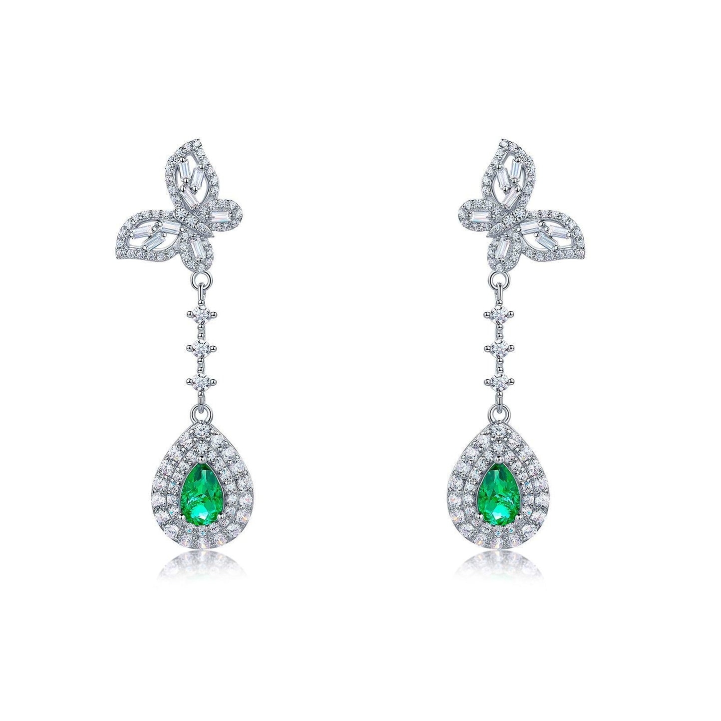 S925 Sterling Silver Lab Emerald Stud Earrings, Teardrop Butterfly Diamond - Photo 5