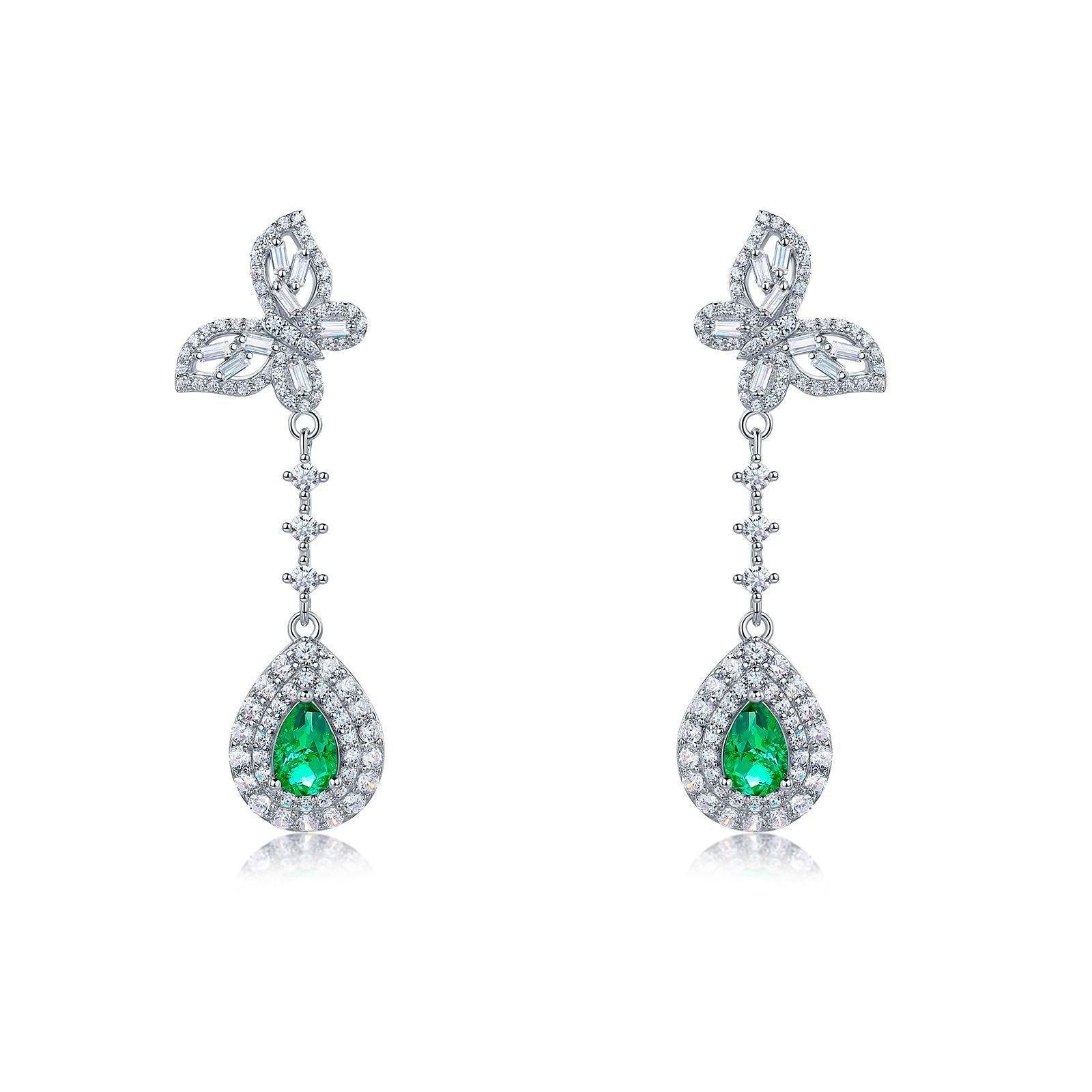 S925 Sterling Silver Lab Emerald Stud Earrings, Teardrop Butterfly Diamond - Photo 5