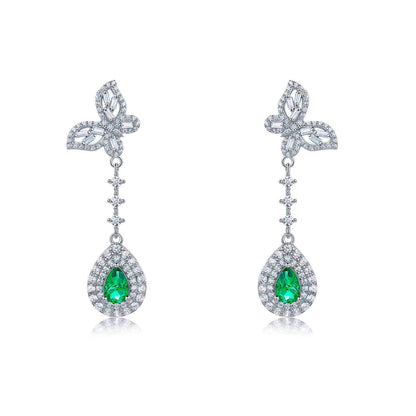 S925 Sterling Silver Lab Emerald Stud Earrings, Teardrop Butterfly Diamond - Photo 5