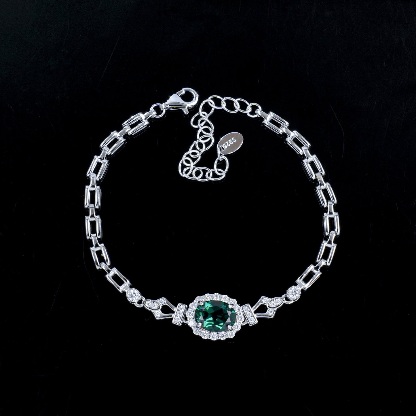 S925 Silver Oval Lab Emerald Bracelet, Full Diamond Halo - Photo 2