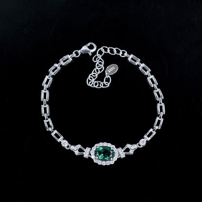 S925 Silver Oval Lab Emerald Bracelet, Full Diamond Halo - Photo 2
