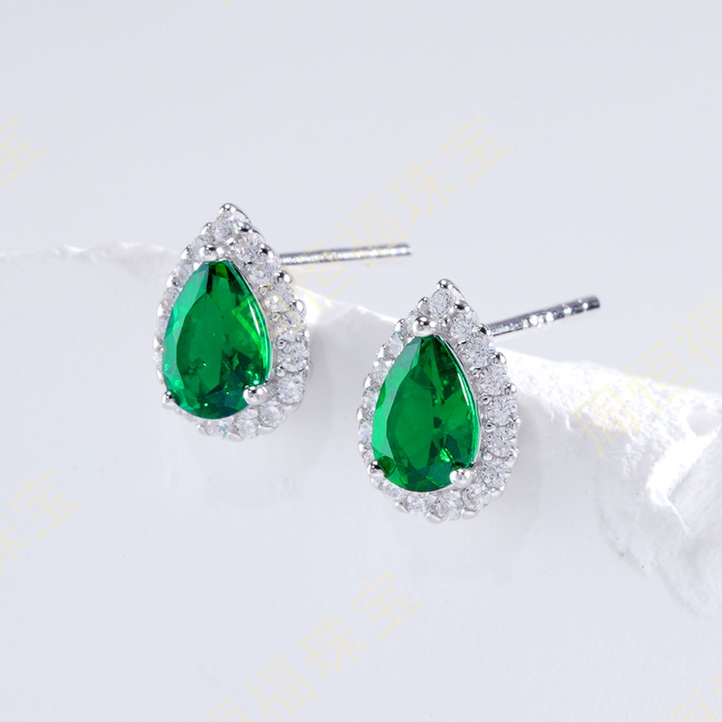 S925 Sterling Silver Lab Emerald Pave Stud Earrings, Unique Versatile Minimalist - Photo 4