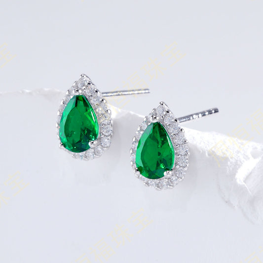 S925 Sterling Silver Lab Emerald Pave Stud Earrings, Unique Versatile Minimalist - Photo 4