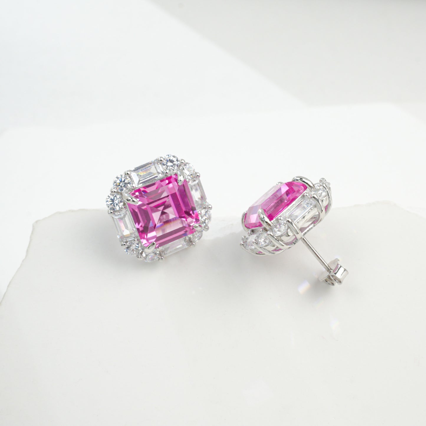 S925 Silver Lab Pink Sapphire Stud Earrings Full Diamond Halo, Anniversary Gentle Versatile - Photo 6