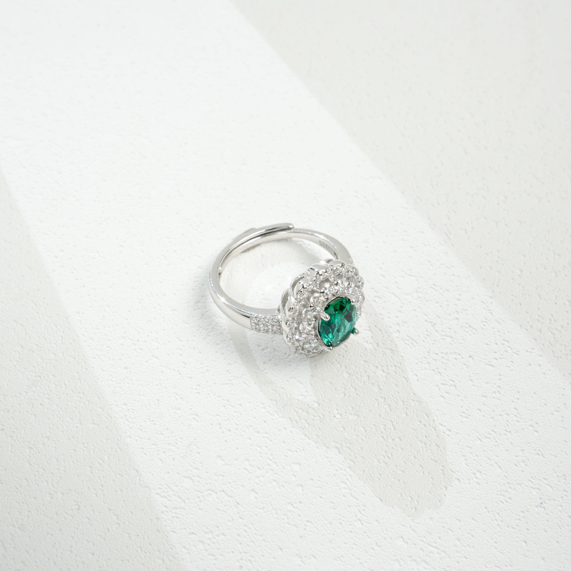 S925 Sterling Silver Oval Lab Emerald Double-Halo Pave Ring, Vintage for Women - Photo 4