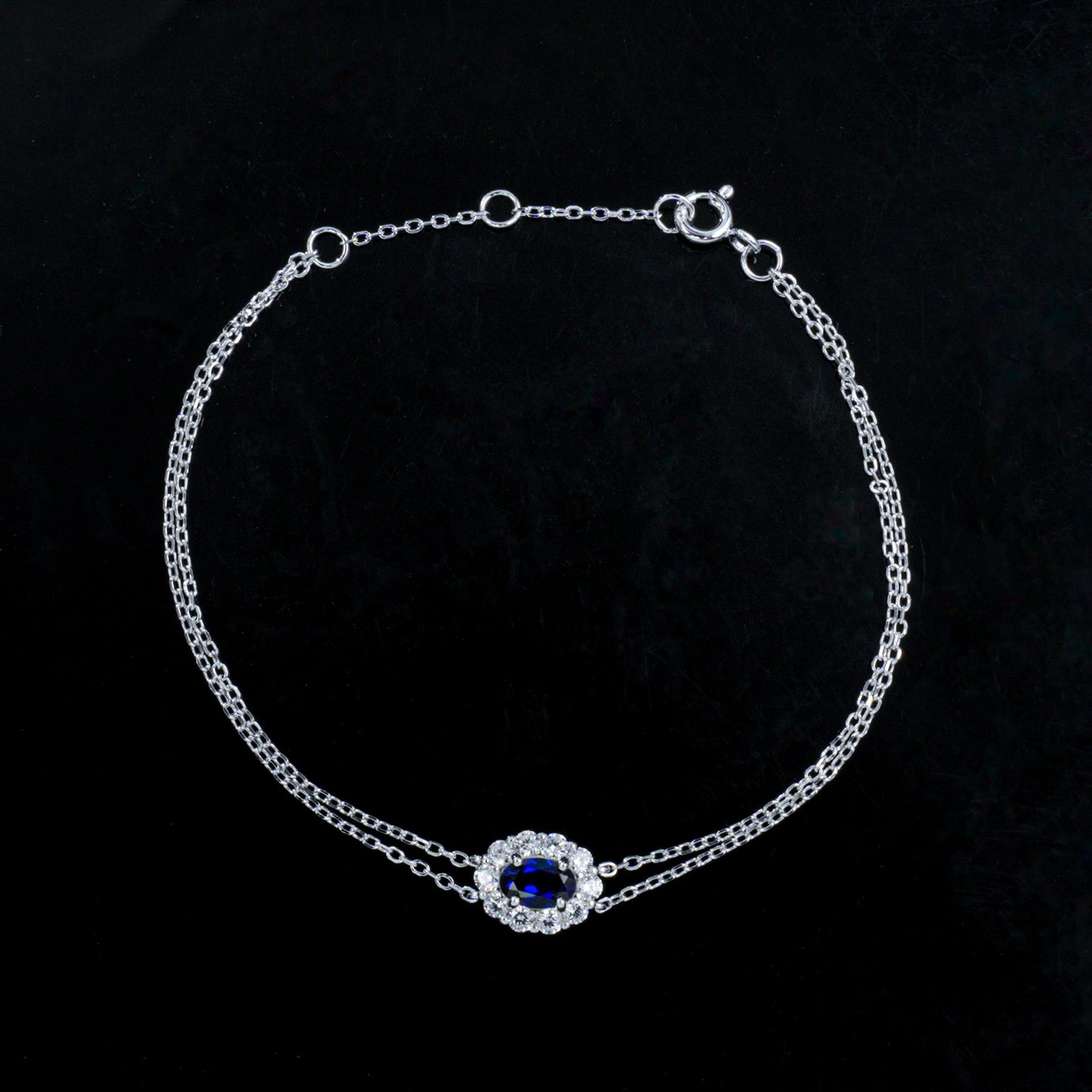 S925 Silver Double-Layer Slim Chain Oval Lab Sapphire Diana Halo Bracelet, Versatile Slim - Photo 3