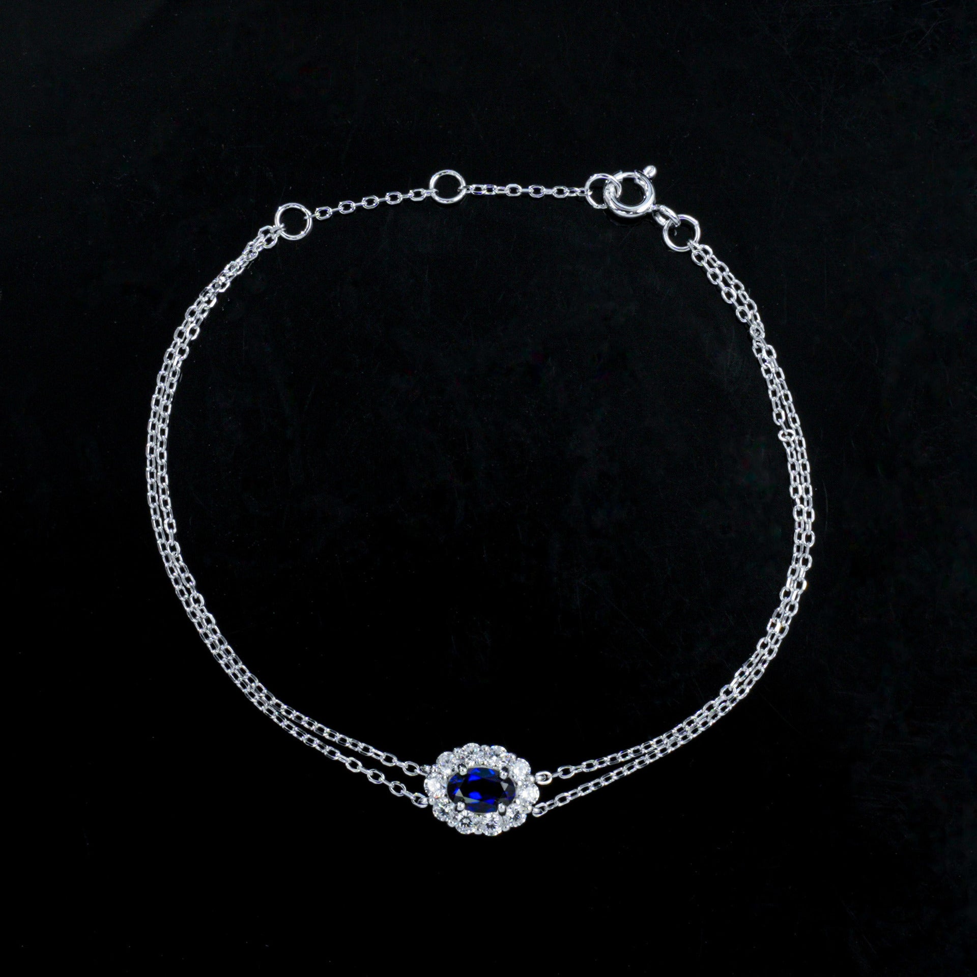 S925 Silver Double-Layer Slim Chain Oval Lab Sapphire Diana Halo Bracelet, Versatile Slim - Photo 3