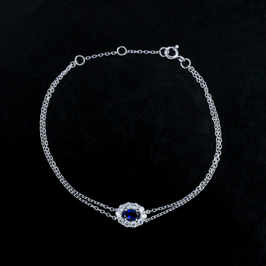 S925 Silver Double-Layer Slim Chain Oval Lab Sapphire Diana Halo Bracelet, Versatile Slim - Photo 3