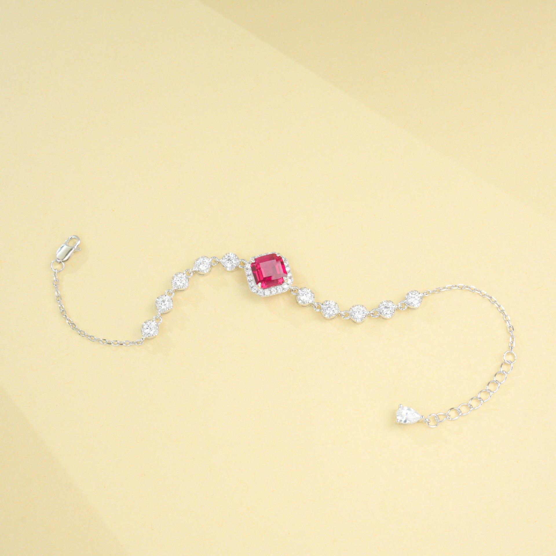 S925 Sterling Silver Lab Ruby Princess-Cut Pave Bracelet, Premium Jewellery - Photo 4