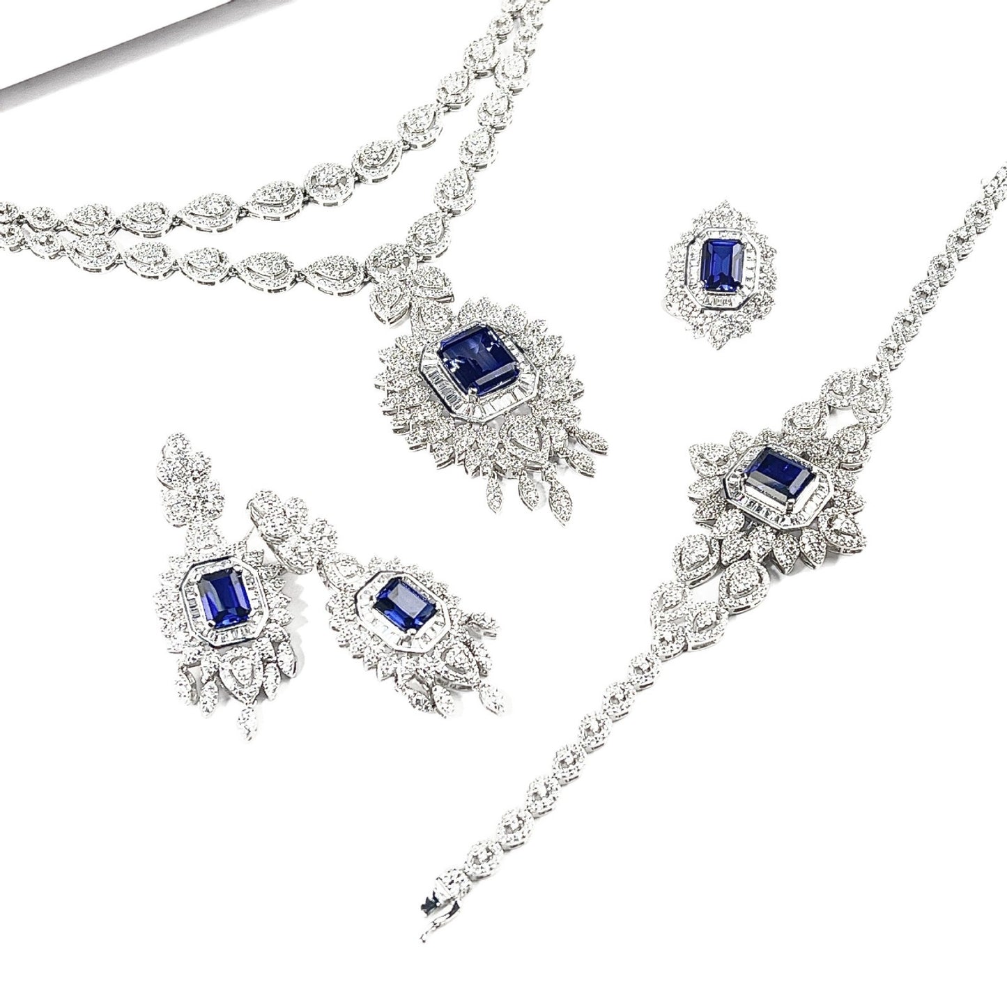 S925 Sterling Silver Royal Blue Lab Sapphire Vintage Pave Necklace Jewellery Set (3-Piece), Premium - Photo 5