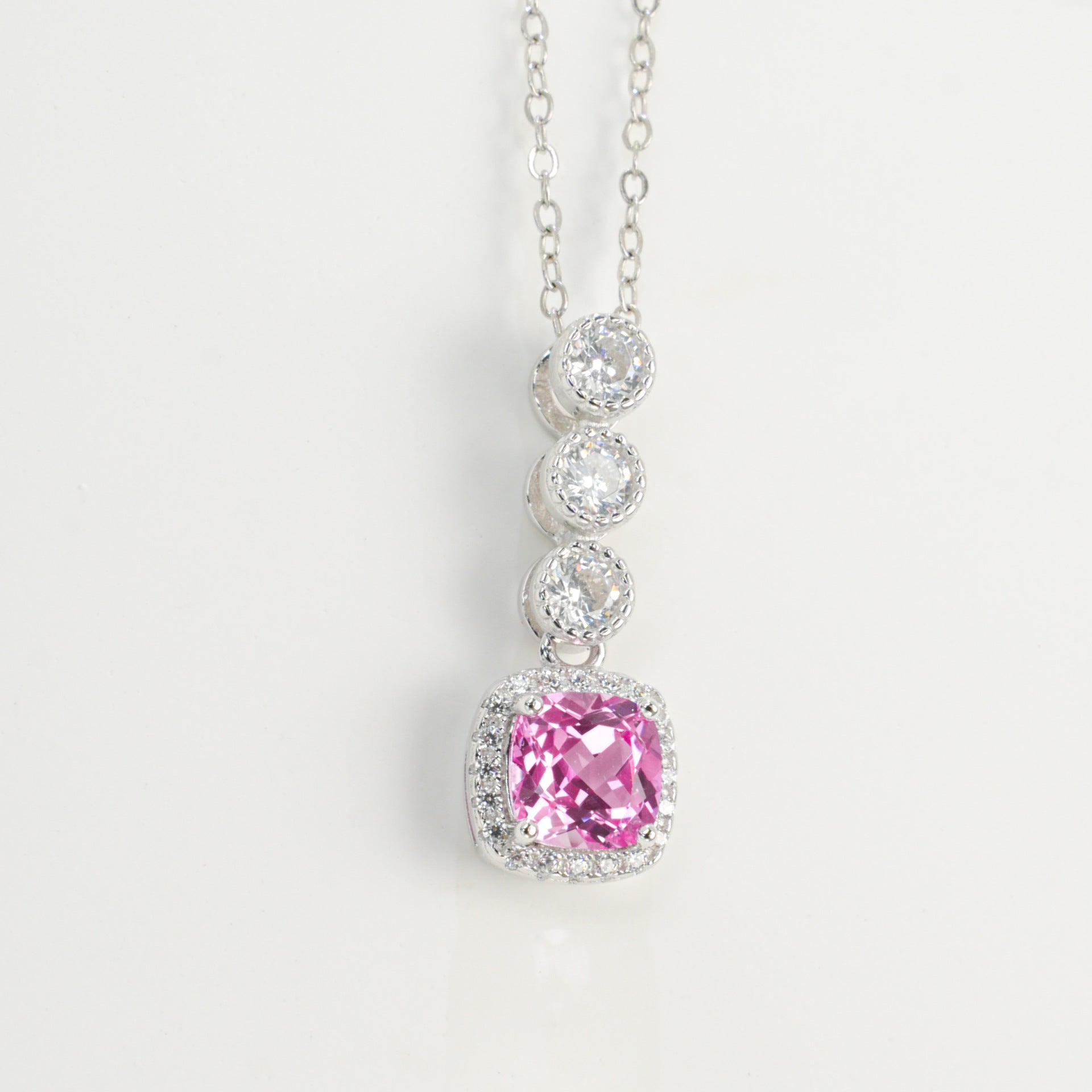 S925 Sterling Silver Lab Padparadscha Pave Step-Cut Pendant Necklace, for Women - Photo 5