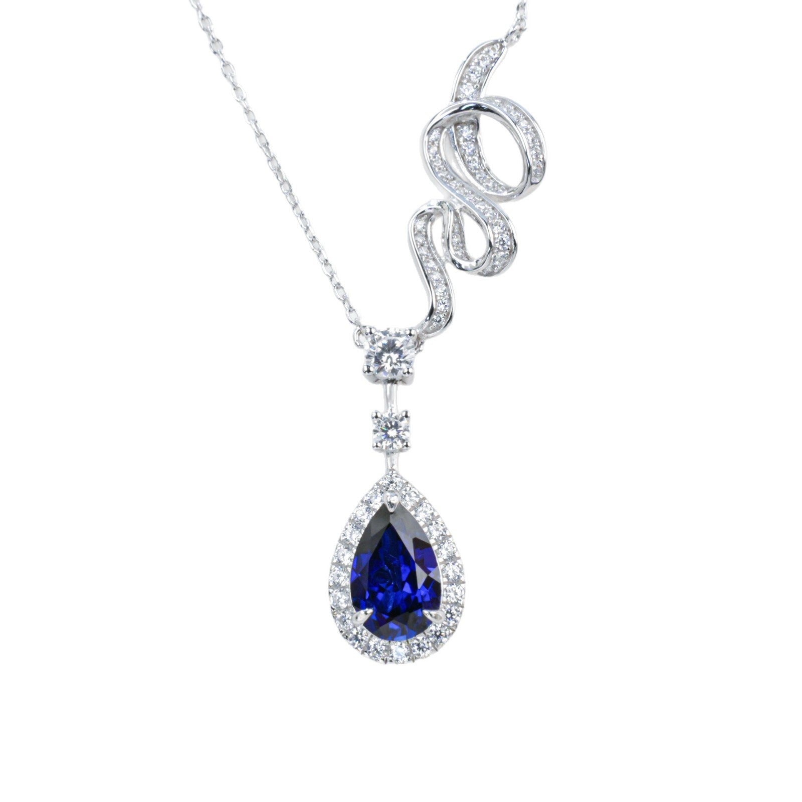 S925 Silver Snake Full Diamond Twisted Chain Teardrop Lab Sapphire Halo Necklace, Premium Evening - Photo 5