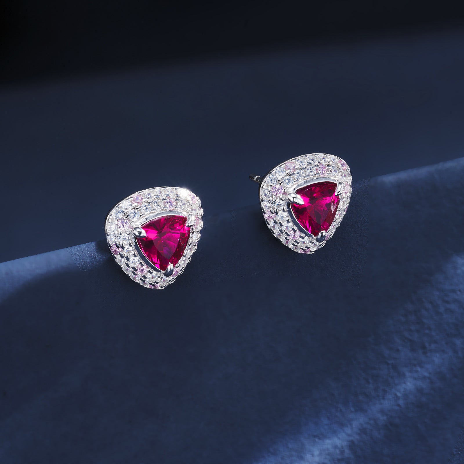 S925 Silver Triangle Lab Ruby Full Diamond Stud Earrings, Skin-Brightening Earrings - Photo 4