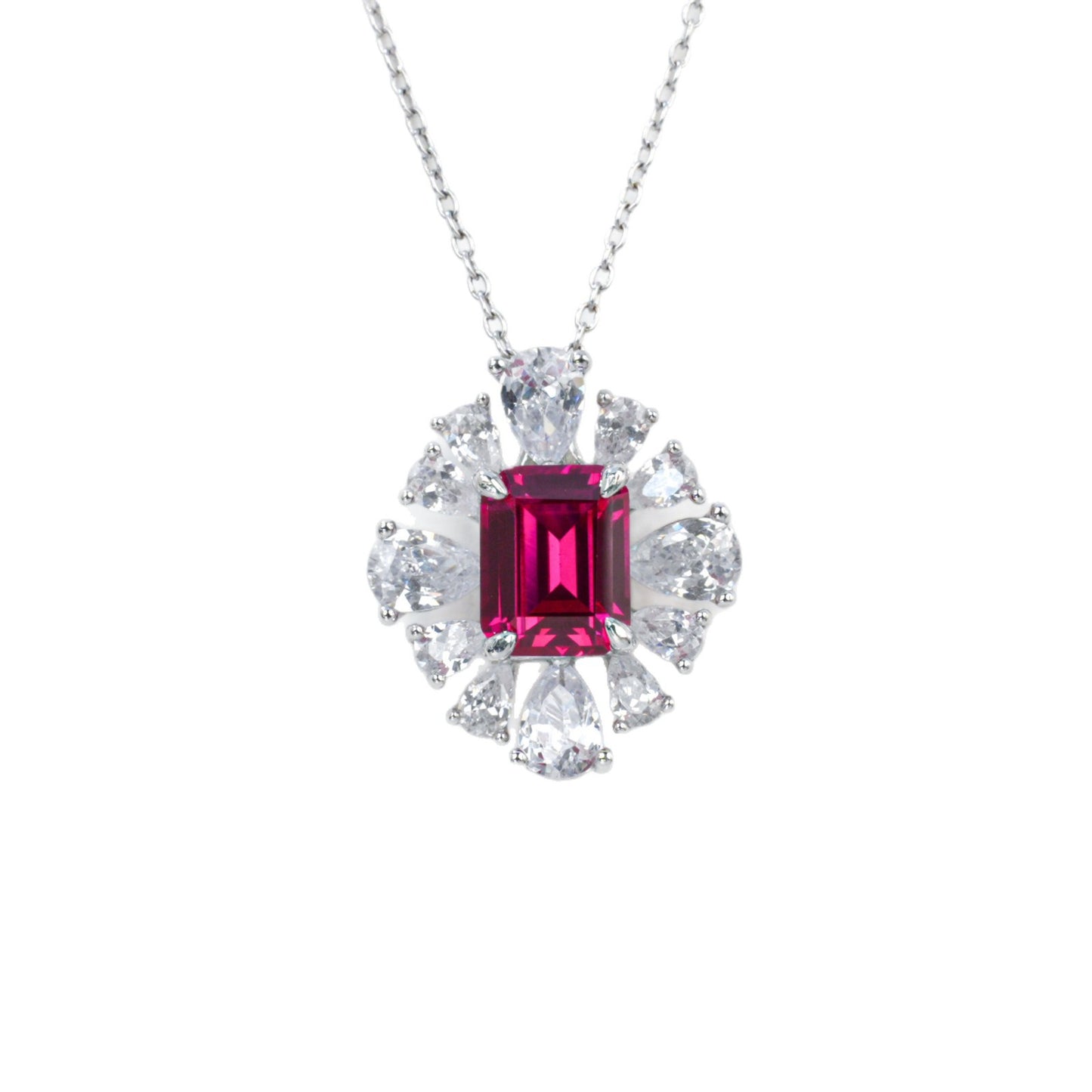 Flower Halo Pendant S925 Silver Pigeon Blood Ruby Centre Teardrop Stone Radiant Prong, Evening Gift - Photo 5
