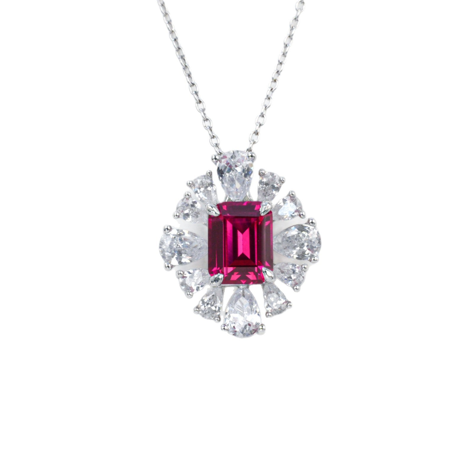 Flower Halo Pendant S925 Silver Pigeon Blood Ruby Centre Teardrop Stone Radiant Prong, Evening Gift - Photo 5