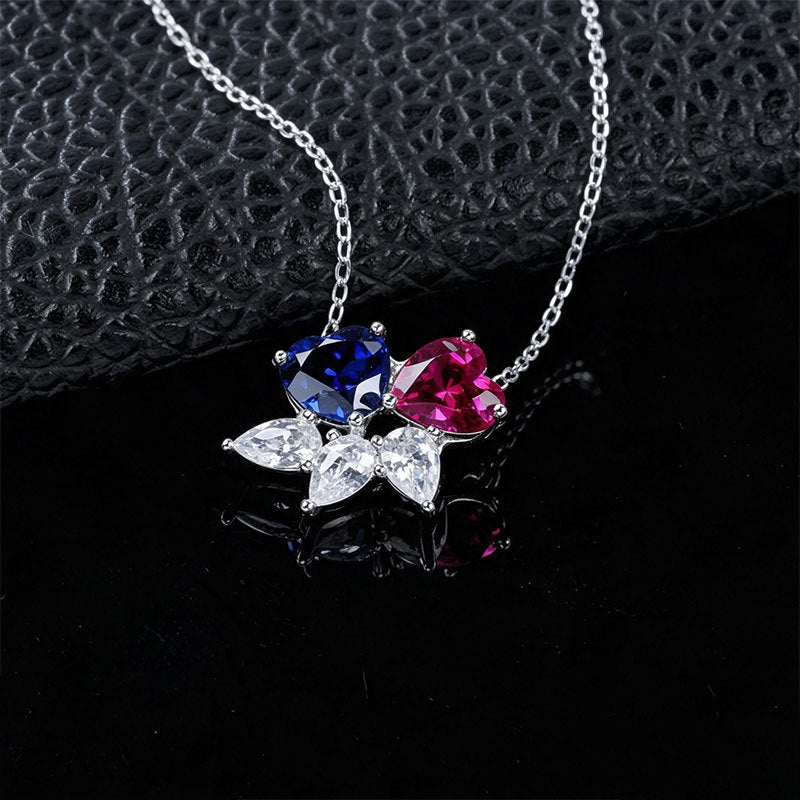 925 Silver Double Heart Lab Sapphire Ruby Contrast Necklace, Date Gift - Photo 3