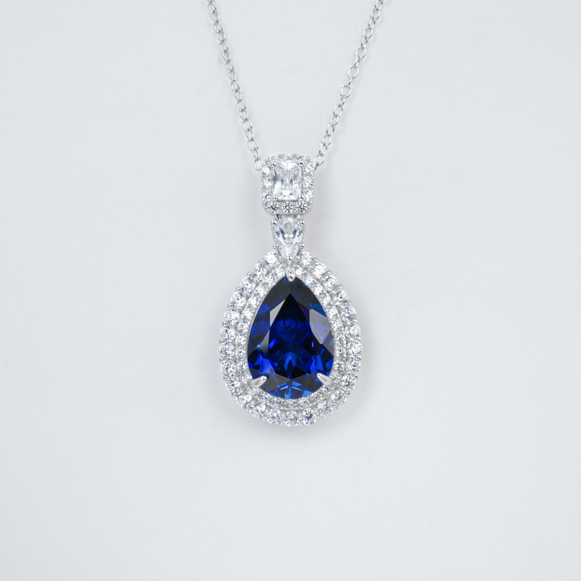 S925 Sterling Silver Lab Sapphire Teardrop Halo, Versatile Women's Choker - Photo 5