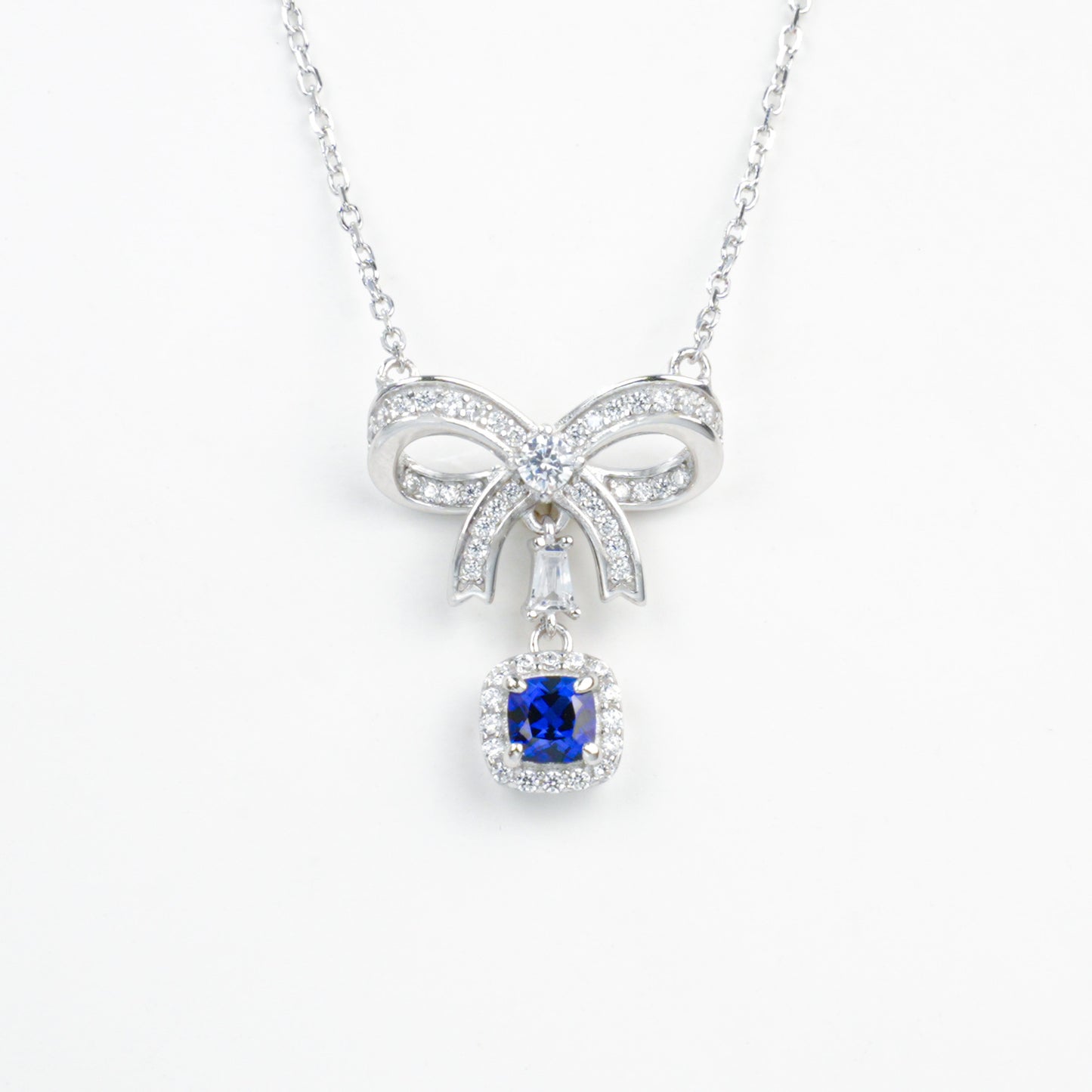 925 Sterling Silver Lab Sapphire Bowknot Cushion Pave Choker Necklace, Premium - Photo 5