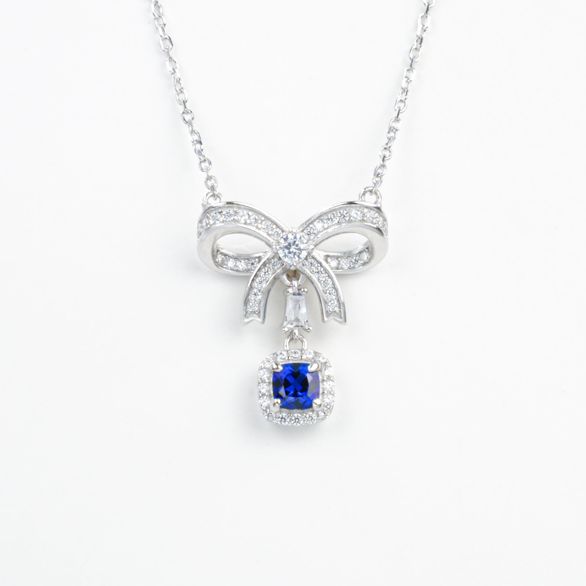 925 Sterling Silver Lab Sapphire Bowknot Cushion Pave Choker Necklace, Premium - Photo 5