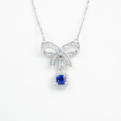 925 Sterling Silver Lab Sapphire Bowknot Cushion Pave Choker Necklace, Premium - Photo 5