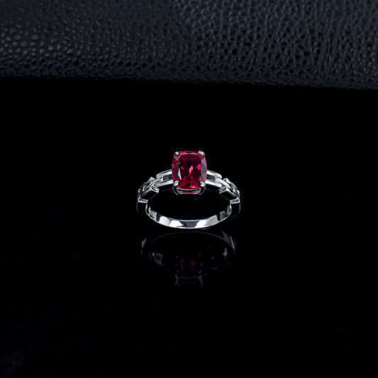 S925 Silver Cushion Lab Ruby Bar Ring, Couple Birthday Gift - Photo 3