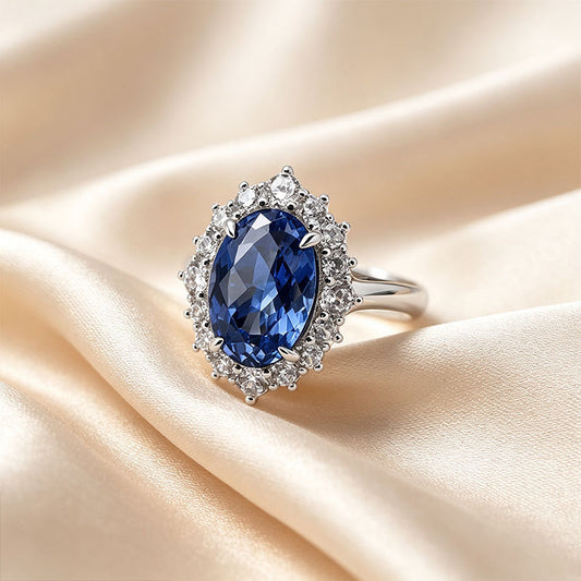 S925 Silver Oval Lab Sapphire Ring, Halo Diamond Engagement - Photo 3
