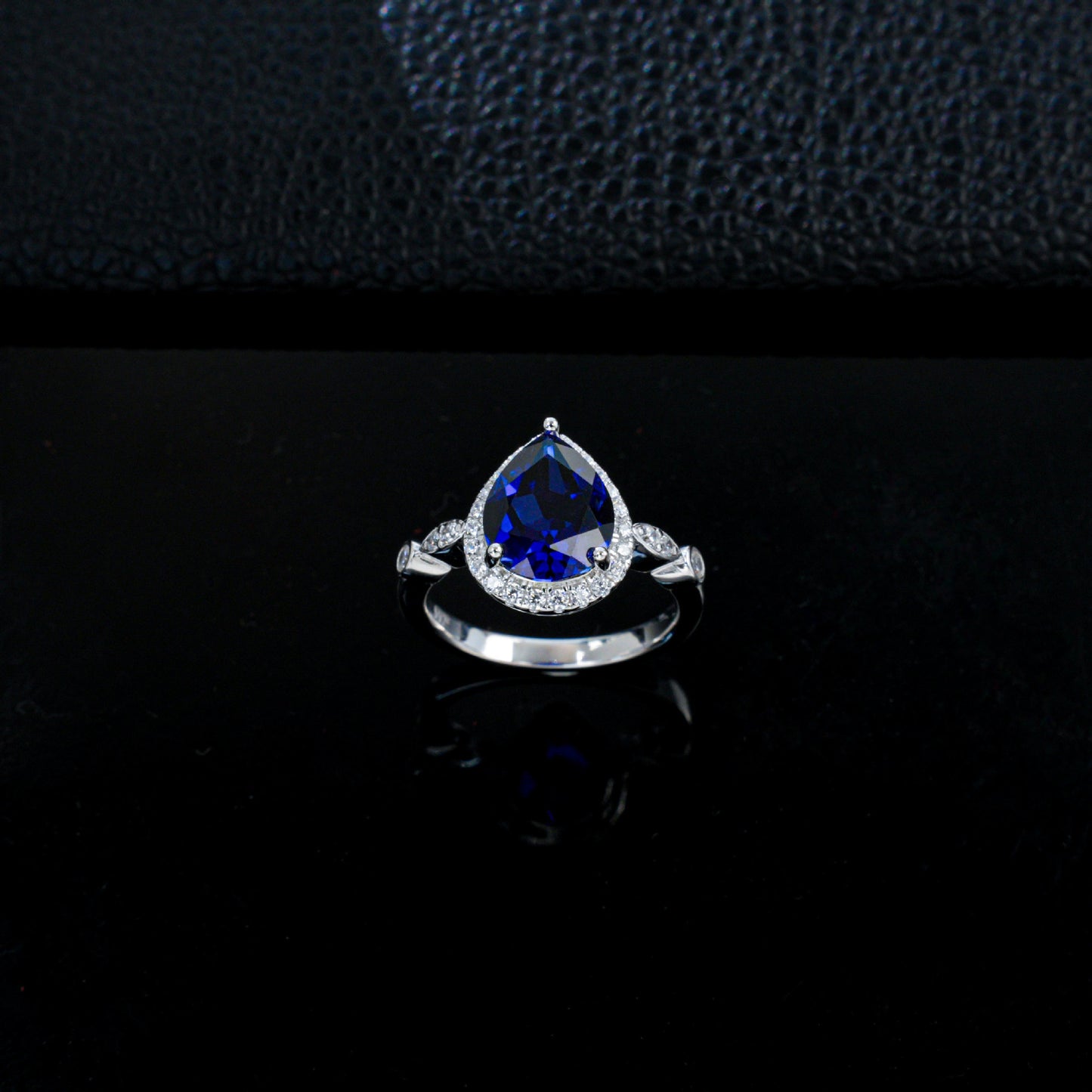 Teardrop Royal Blue Sapphire Ring 925 Silver Diamond Design, Premium Proposal Engagement - Photo 2