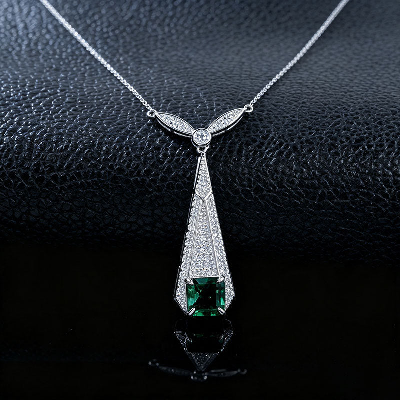 Vintage Lab Emerald Necklace S925 Silver Full Diamond Evening Premium - Photo 2