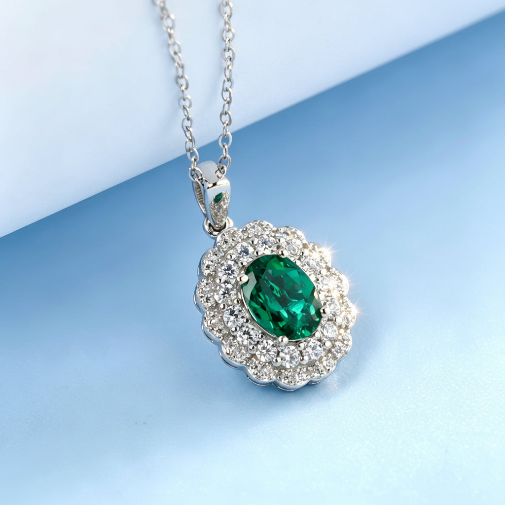 S925 Sterling Silver Oval Lab Emerald Pendant Necklace, Vintage Designer Premium for Women - Photo 1
