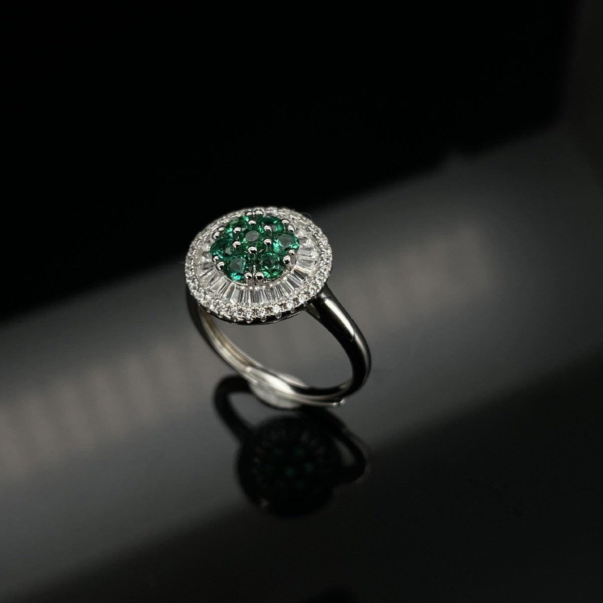S925 Silver Cluster Emerald Flower Ring, Diamond, Vintage - Photo 4