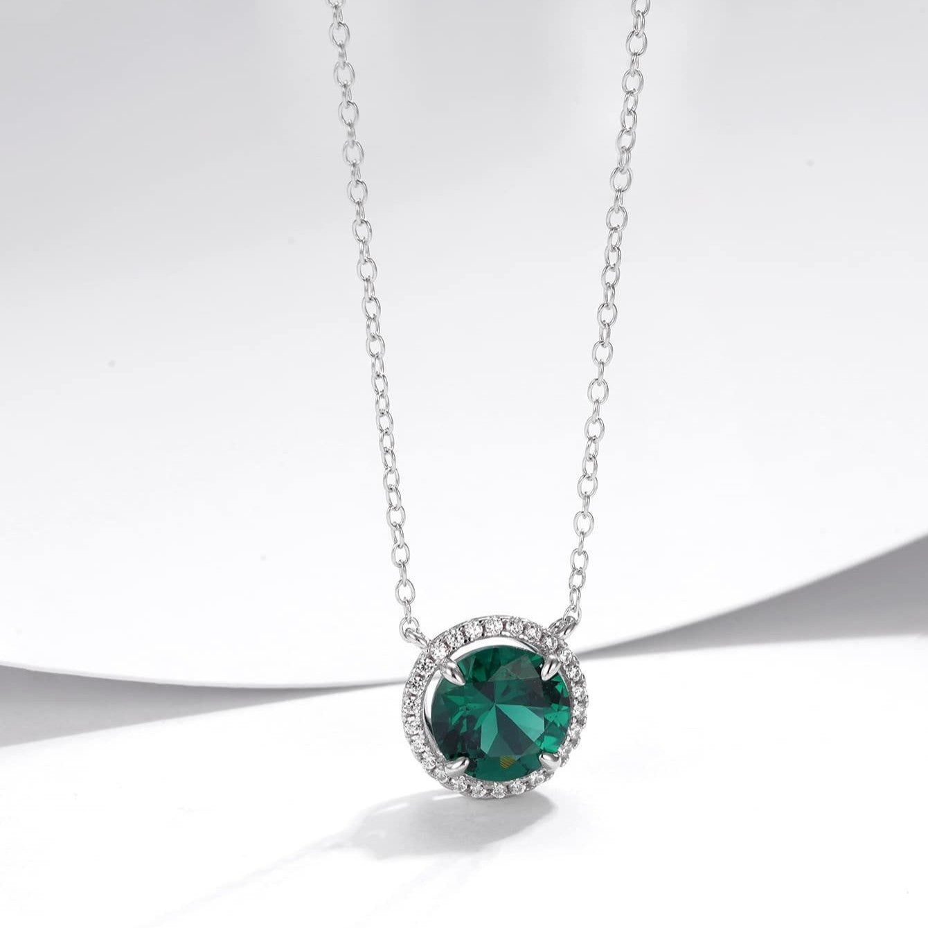 S925 Silver Lab Emerald Necklace Round Premium - Photo 2