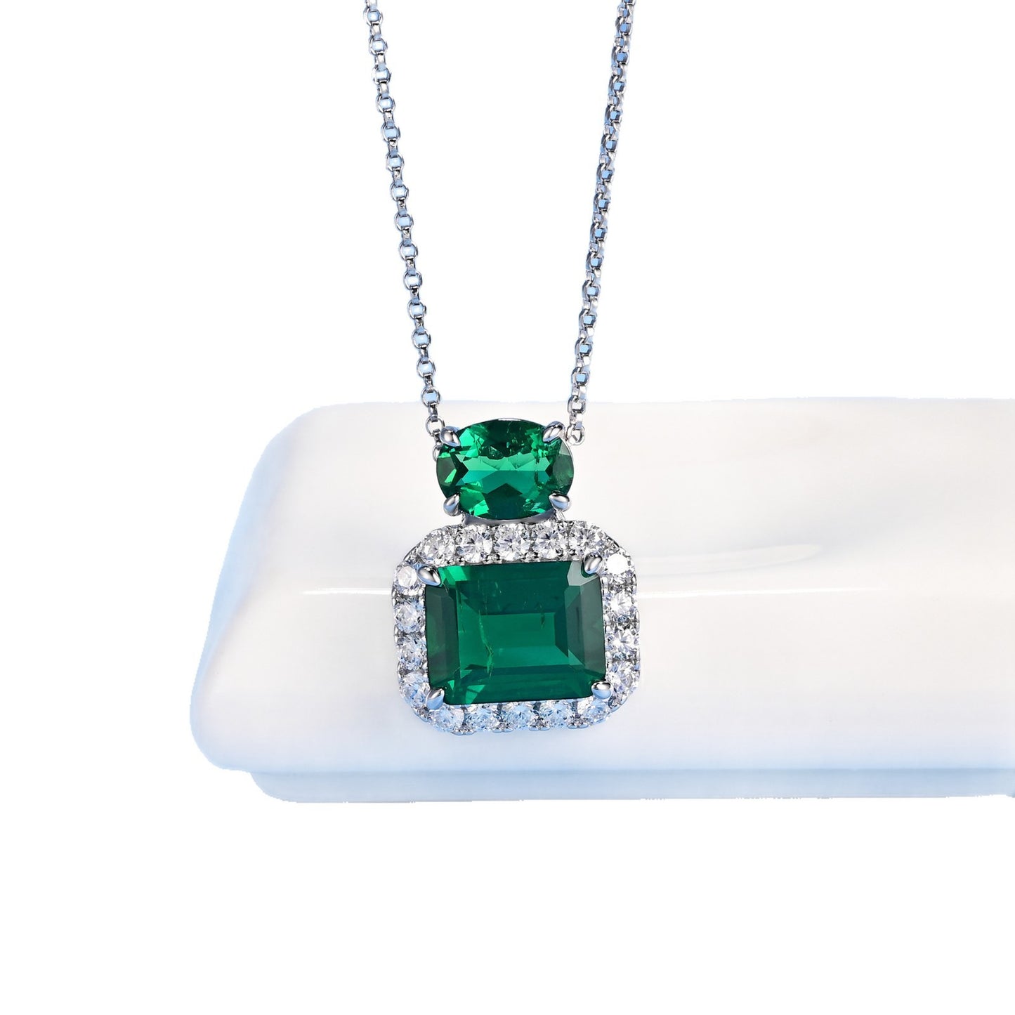 S925 Silver Lab Emerald Necklace Square Premium - Photo 4