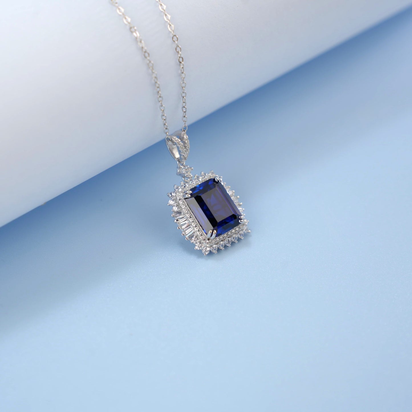 S925 Sterling Silver Lab Royal Blue Square Gemstone Pendant Choker, Premium - Photo 6