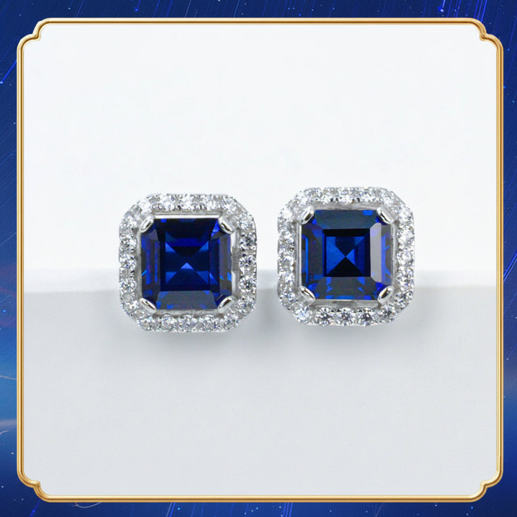 S925 Silver Square Lab Sapphire Halo Stud Earrings, Elegant Versatile Earrings - Photo 1