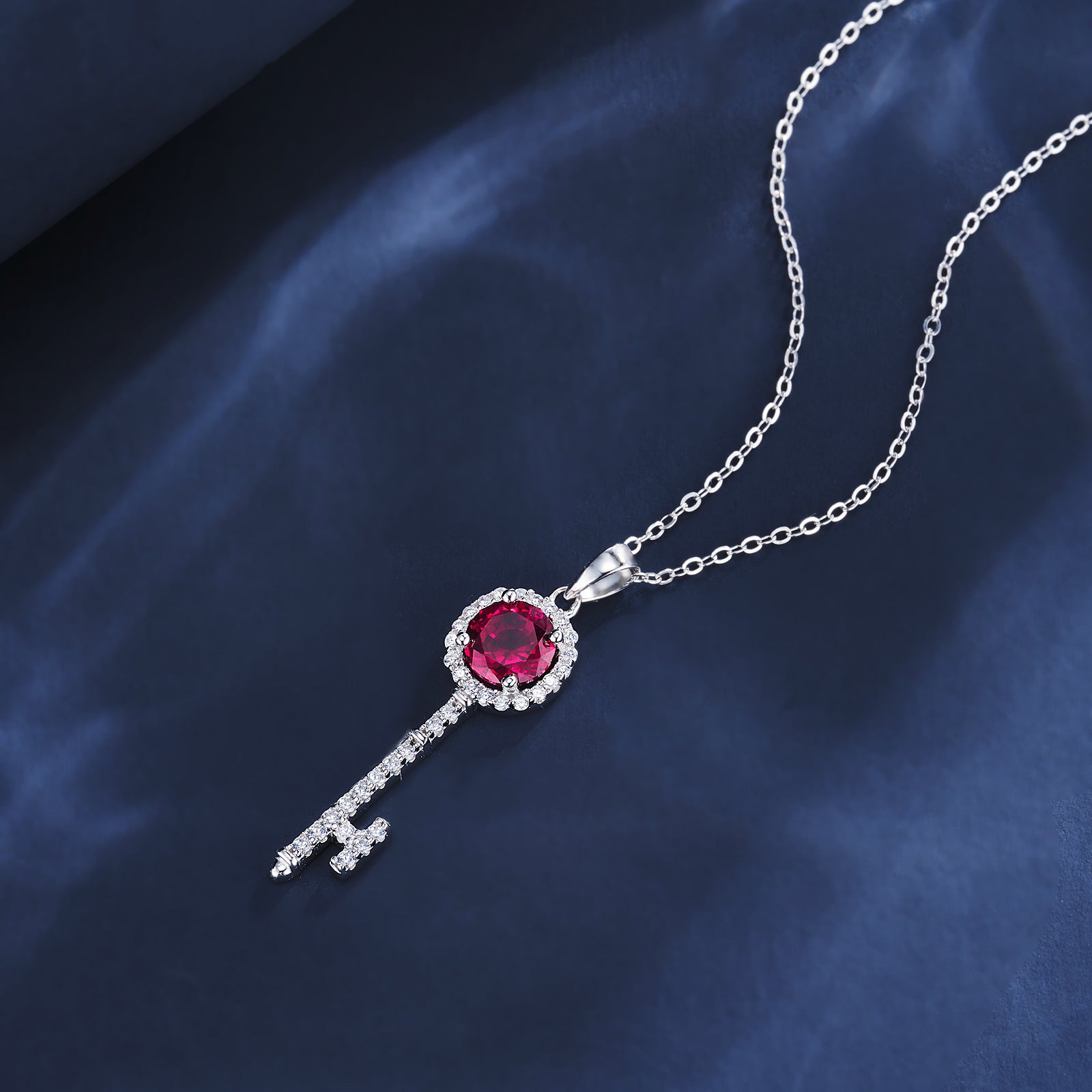 925 Sterling Silver Lab Ruby Key Pendant Choker Necklace, Versatile - Photo 2