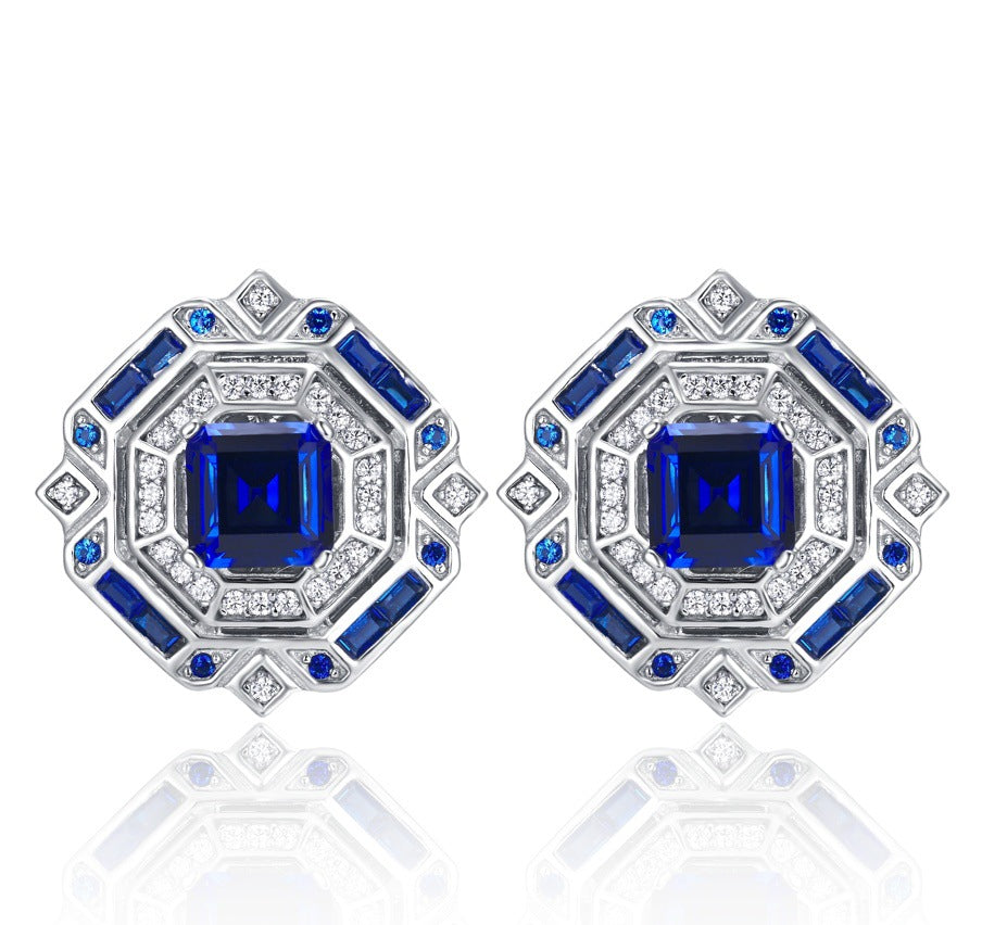 925 Sterling Silver Lab Sapphire Octagon Halo Earrings, Vintage Versatile - Photo 6
