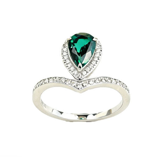 S925 Sterling Silver Lab Emerald Teardrop Pear Ring, Minimalist Designer - Photo 1