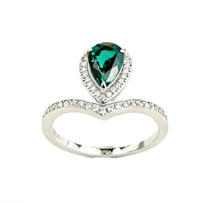 S925 Sterling Silver Lab Emerald Teardrop Pear Ring, Minimalist Designer - Photo 1
