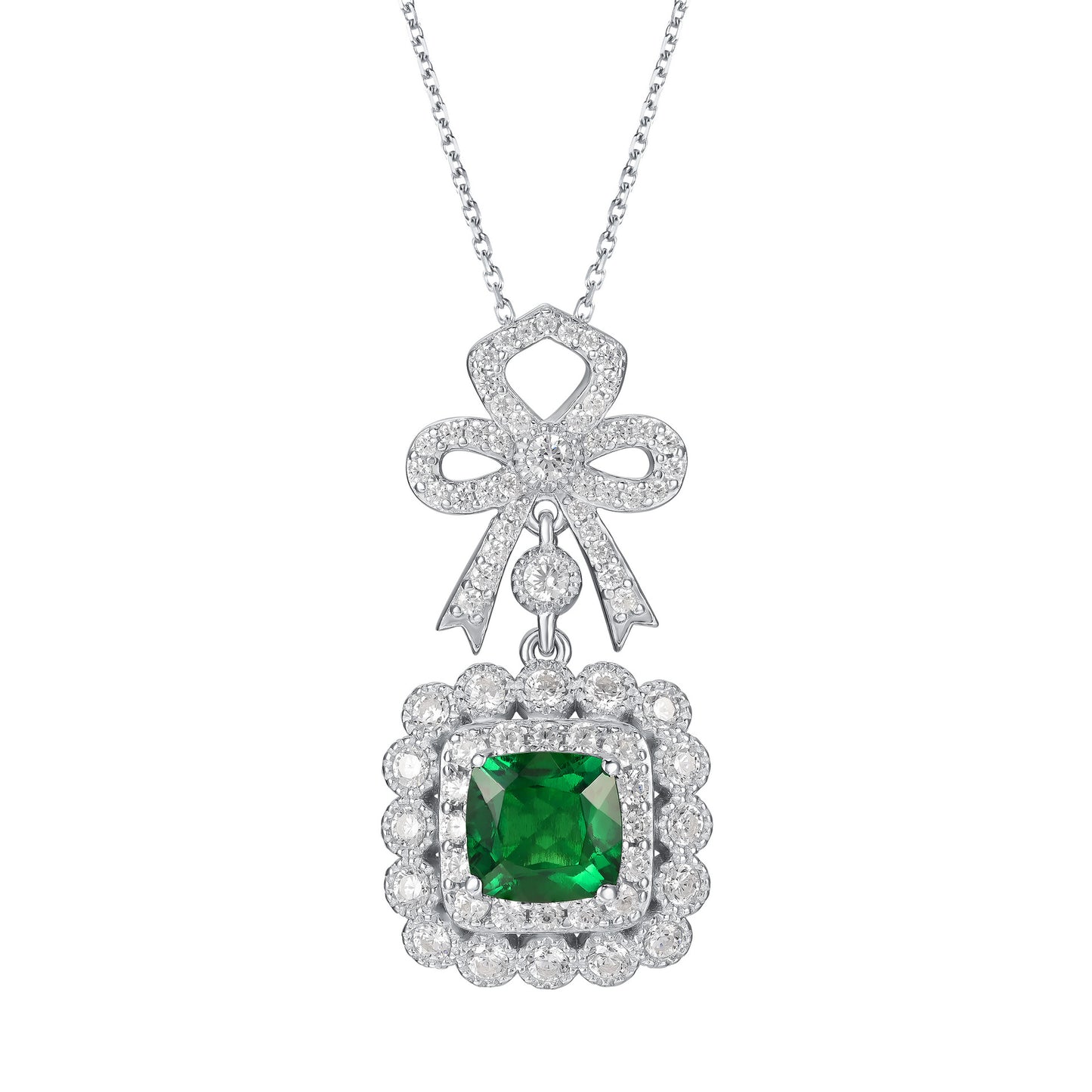 S925 Silver Full Diamond Bow Pendant, Square Halo Lab - Photo 5