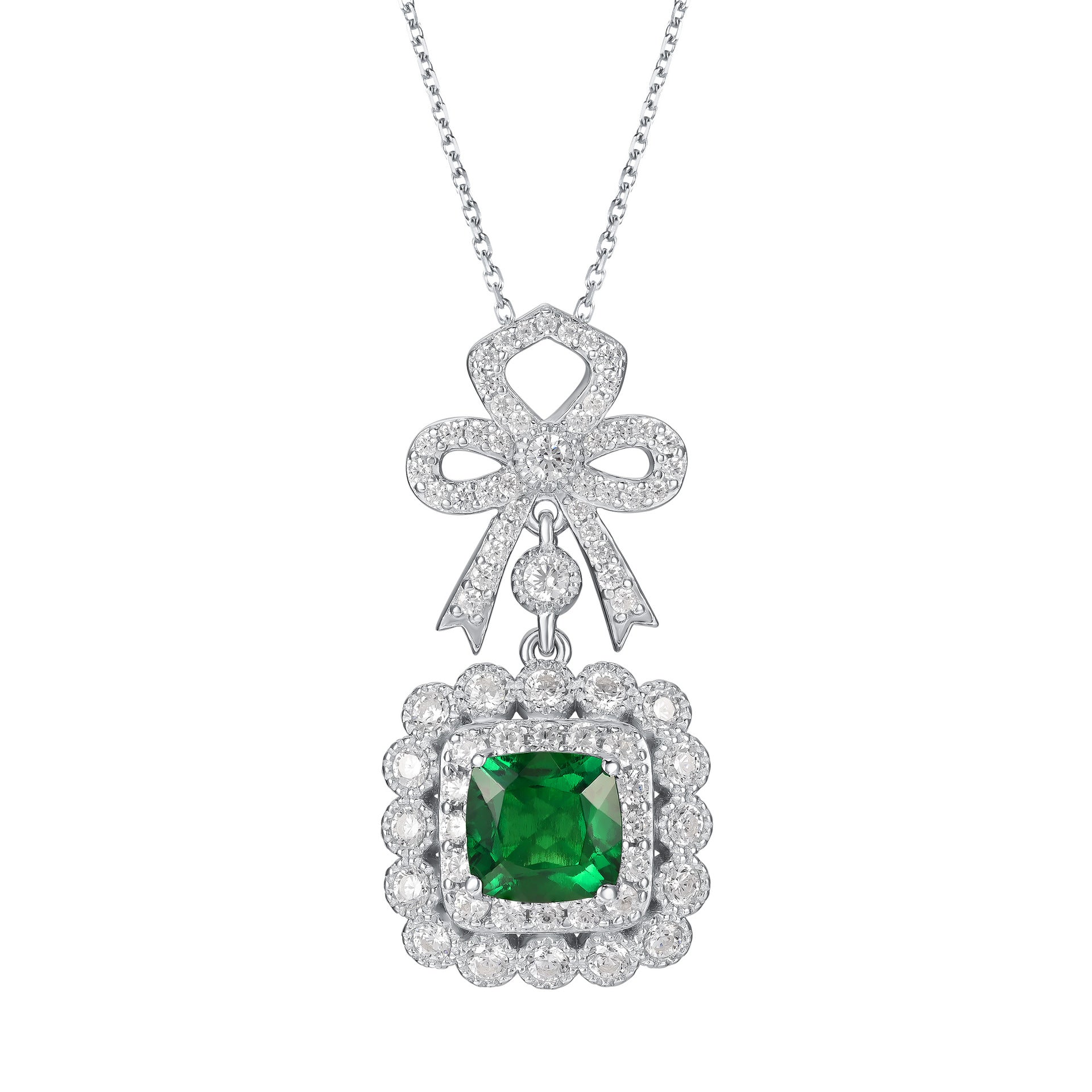 S925 Silver Full Diamond Bow Pendant, Square Halo Lab - Photo 5