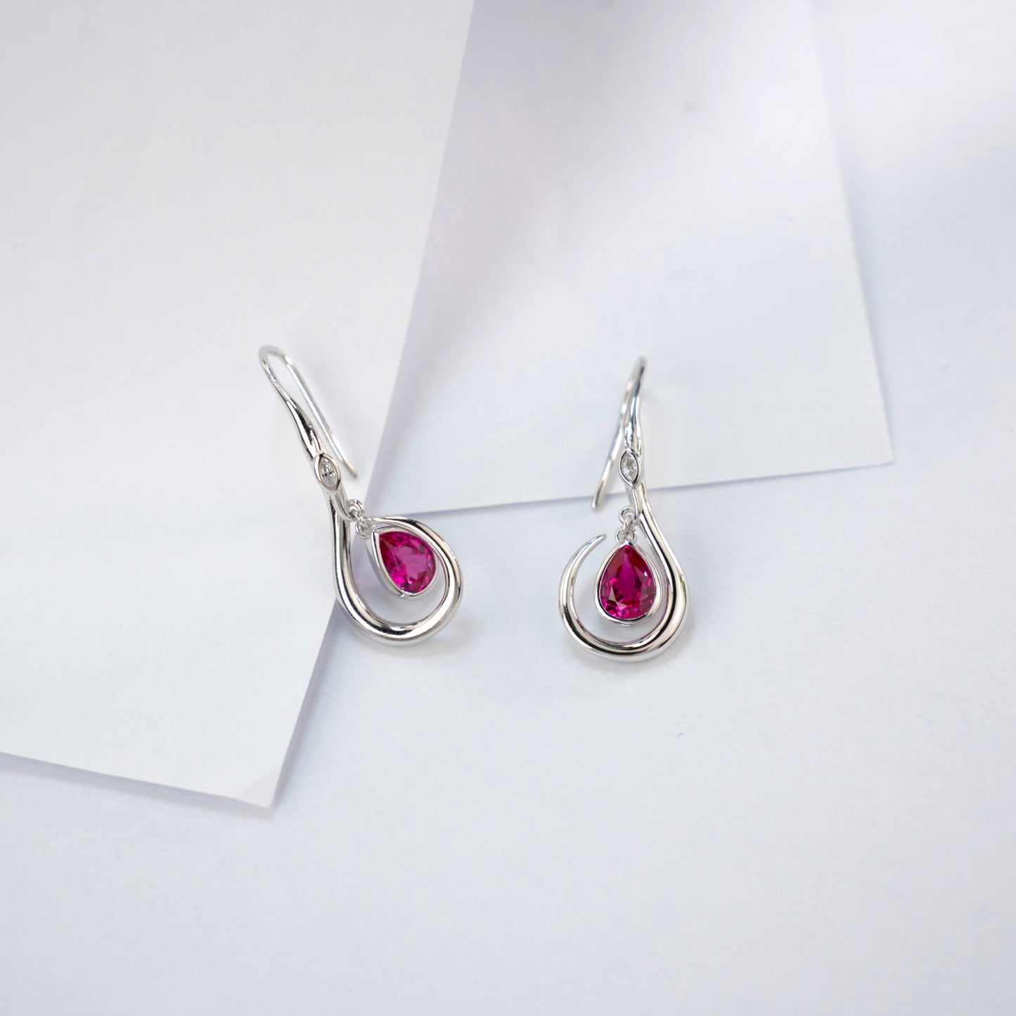 S925 Sterling Silver Lab Ruby Rotating Teardrop Earrings, Vintage Creative Premium - Photo 4