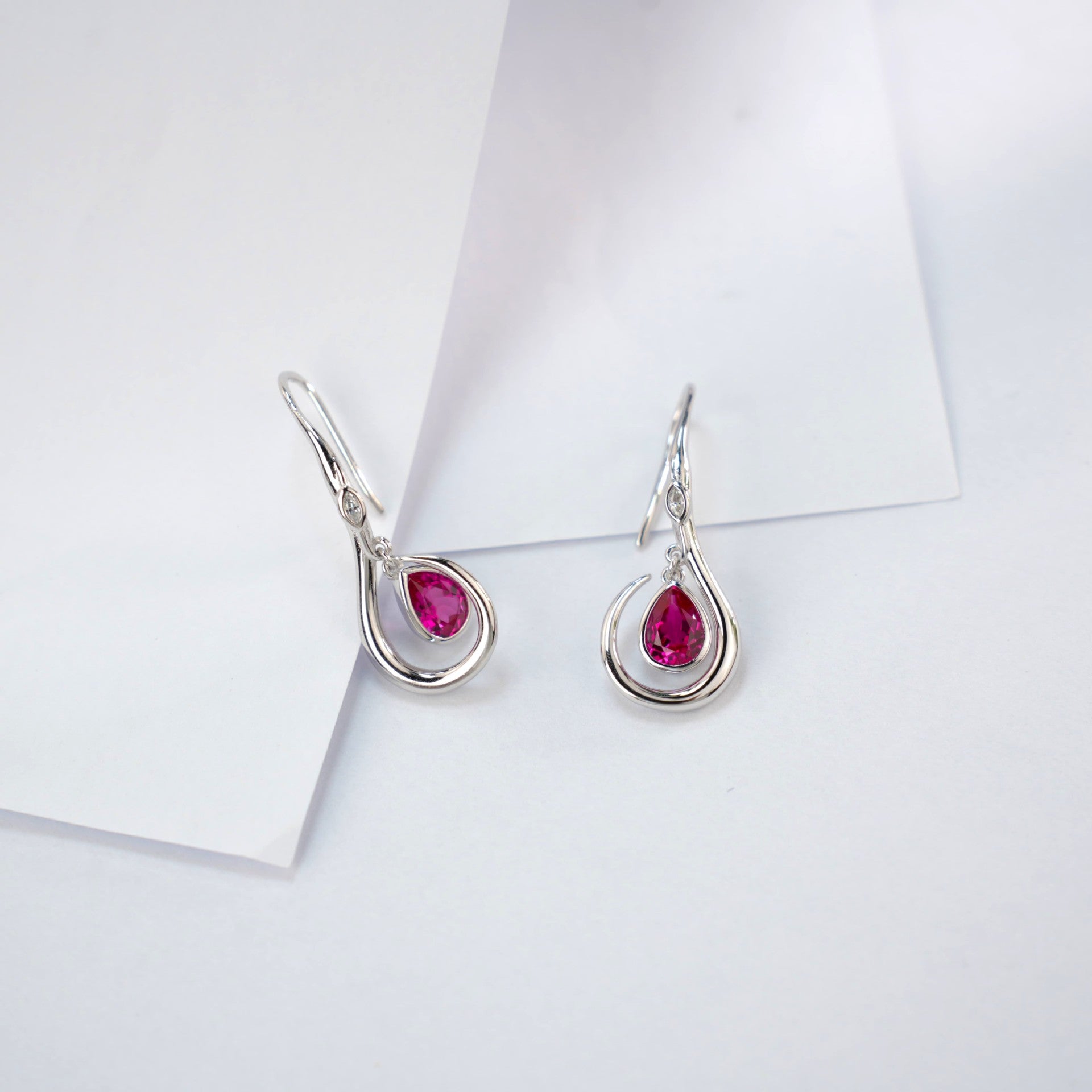 S925 Sterling Silver Lab Ruby Rotating Teardrop Earrings, Vintage Creative Premium - Photo 4